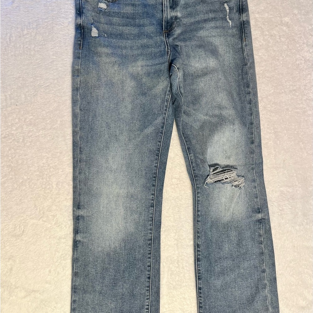 Lucky Brand Women's Faded Blue Straight-Leg Jeans with Knee Distress